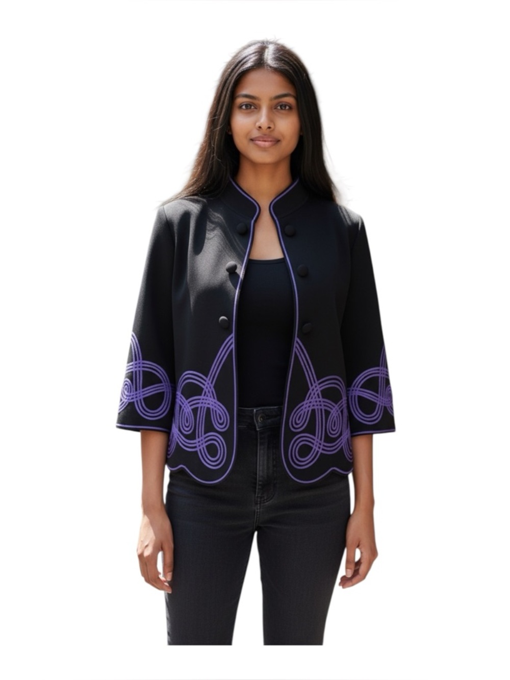 Victorian flare Ming Wang Embroidered purple scroll knit open front cardigan.
